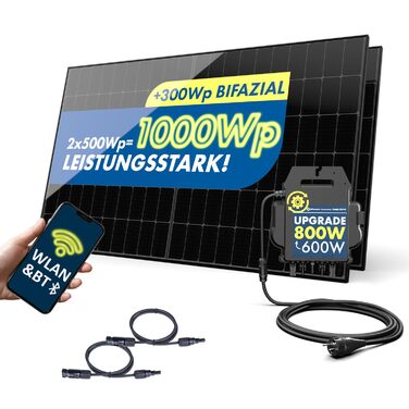 Балконна електростанція SPAUN 1000 Вт Комплект 800 Вт з двосторонньою фотоелектричною потужністю до 1300 Вт та 15-метровим кабелем для підключення до розетки - дистанційний моніторинг через WiFi, міні-фотоелектрична система, 15-метровий кабель N-TOPCon, 8