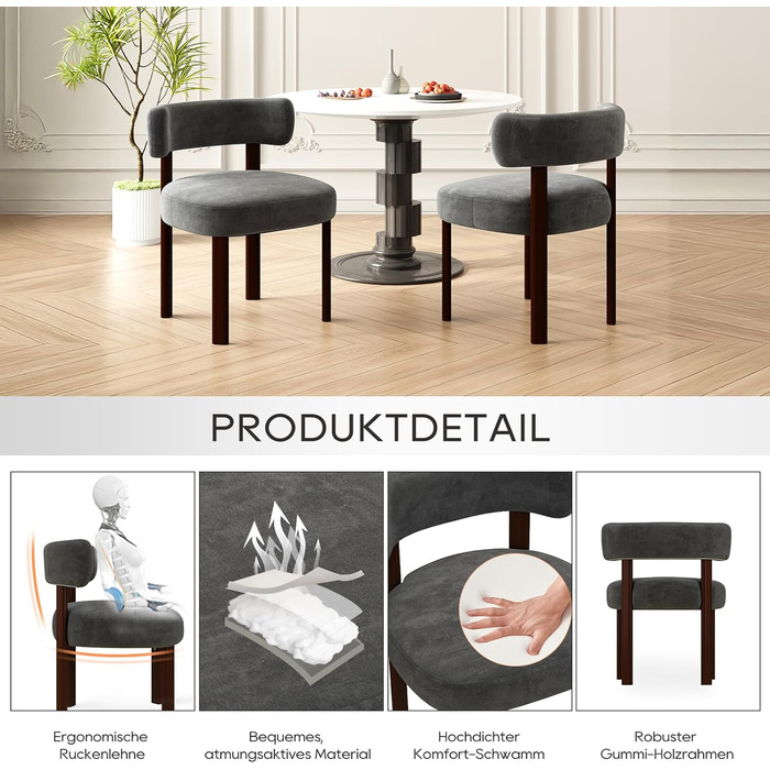 Обідні стільці COLAMY з шерпа в сучасному дизайні середини століття, комплект з 2 шт., кухонні стільці з букле у вінтажному сільському стилі з відкритою вигнутою спинкою для їдальні, ресторану, сірі, комплект з 2 шт.