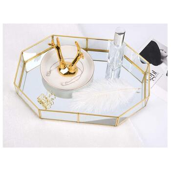 Скляний піднос Hggzeg золотистого кольору, багатокутний металевий, декоративний піднос, піднос для ювелірних виробів, парфумів, органайзер, піднос для макіяжу для туалетного столика, комода, ванної кімнати, спальні (маленький)