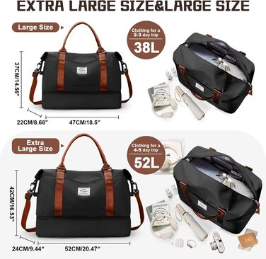 Велика жіноча дорожня сумка, ручна поклажа, спортивна сумка, сумка для вихідних, сумка для плавання, водонепроникна дорожня сумка, спортивна сумка, сумка для фітнесу, сумка для тренувань, лікарняна сумка з відділенням для взуття, N7-чорно-коричнева A03-чо