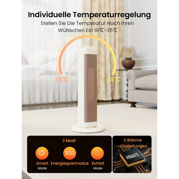 Енергозберігаючий керамічний вентилятор-обігрівач AIRMATE 63 см, тихий, коливальний нагрівальний елемент 80 та термостат, 3 режими, ECO, таймер 24 години, обігрівач 2000 Вт, захист від перегріву та перекидання, білий