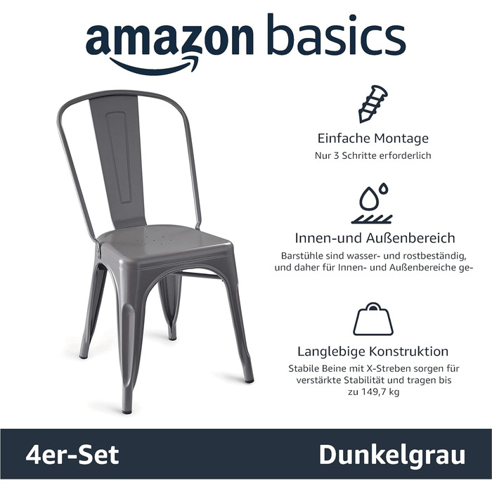 Металеві обідні стільці Storeo Basics, чорні, зі спинкою, штабелюються, бістро, кухня, для приміщень та вулиці, комплект з 4 шт. , темно-сірі, 51 x 43 x 85 см