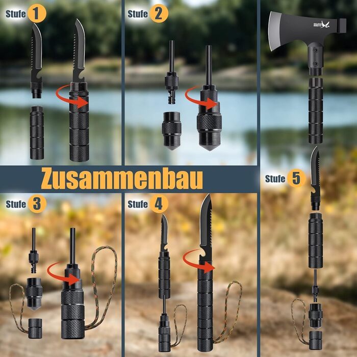 Золотий Птах Axt Survival 9-в-1 Набір для виживання та кемпінгу, гострий туристичний сокира-мультитул з молотком, піхвами, свистком та компасом (41 см)