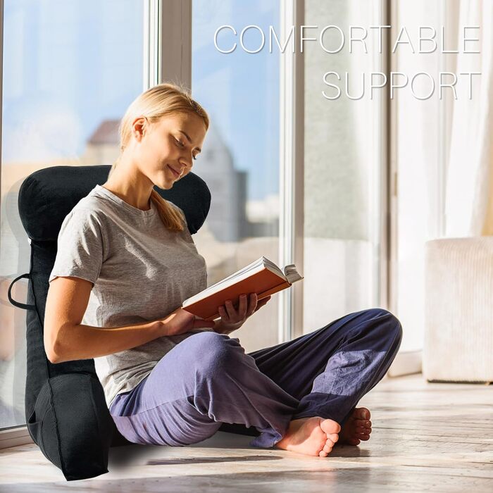 Подушка для читання - Оксамитова подушка для читання для сидіння в ліжку, для дорослих, подушка для спини для сидіння в ліжку з круглою подушкою, подушка для спини та підлокітників з підлокітником та кишенею та чохлом, що прається, чорна