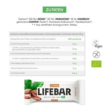 Енергетичні батончики Lifefood, веганські спортивні батончики, енергетичний батончик для піших прогулянок, їзди на велосипеді, фітнесу, органічний, без глютену, без лактози, без доданого цукру - 15 упаковок (15 x 40 г) (бразильський горіх)