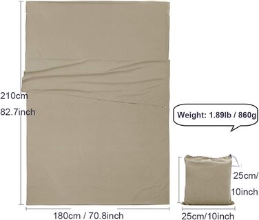 Вкладиш для спального мішка, літній спальний мішок, дорожній спальний мішок, тонкий, легкий та компактний, ідеально підходить для хостелів, гірських хатин, молодіжних хостелів, кемпінгу, активного відпочинку тощо, коричневий, розмір L (210*180 см)