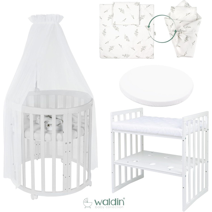 Дитяче ліжко Waldin Oval, комплект трансформованого 7-в-1, ліжечко, дитяче ліжко з матрацом, пеленальний столик, приліжкове ліжечко, дерево біле, тканина білі гілки