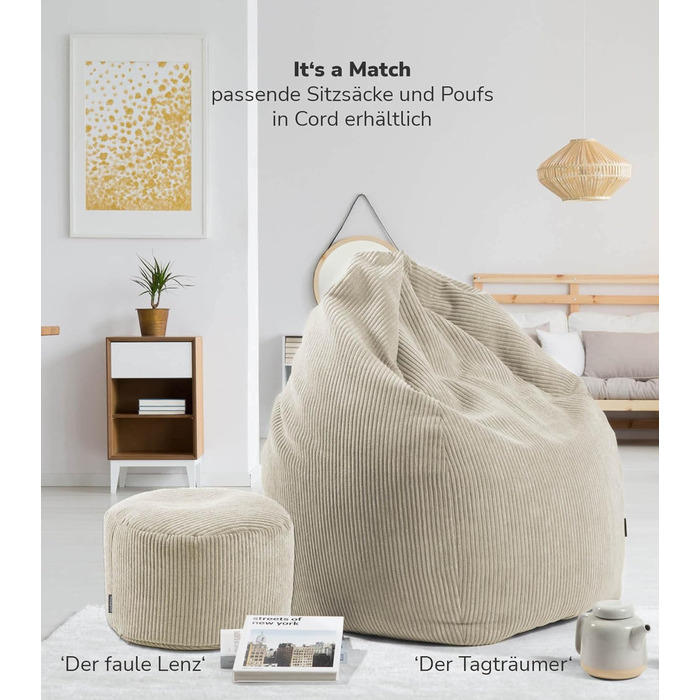 Пуф або табурет мокебо з вельветовим чохлом The Calm One, табурет або пуф для сидіння з наповнювачем з EPS-бісеру, також як пуф для ніг з вельвету або журнальний столик для вітальні розміром 65x55x35 см (Ш/Г/В) бежевого кольору, квадратний, вельветова тка