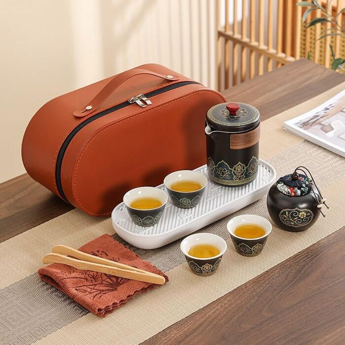 Портативний чайний набір з кераміки швидкий заварник та чашки в китайському стилі. Легкий, розкішний подарунок для друзів, чорний колір.