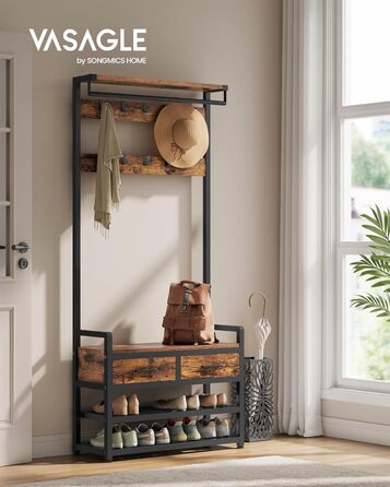 Вішалка для одягу VASAGLE з лавкою для взуття, шафа, місце для зберігання взуття, 2 шухляди для тканини, 10 гачків, 6 бічних гачків, 30 x 80,4 x 181,6 см, вінтажний коричневий-чорний HSR429B01 Вінтажний коричневий, чорнильний