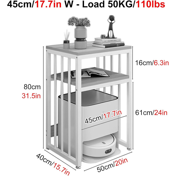 Підставка для робота-пилососа Тримач для робота-пилососа 2-рівневий стелаж для зберігання над роботом-підмітачем, підставка для робота-пилососа висотою 60 см/тумбочка для спальні/вітальні/домашнього офісу/гуртожитку/коридору (3)