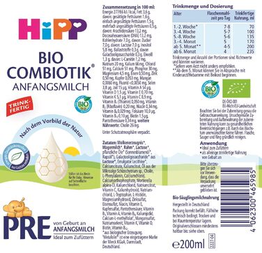 Готова до вживання суміш HiPP PRE Bio Combiotik (6 x 200 мл), перше молоко від народження, містить лише лактозу як вуглевод, найкращої органічної якості