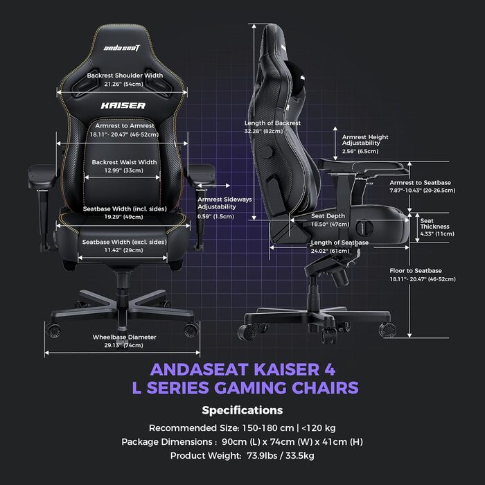 Ергономічне ігрове крісло Anda Seat Kaiser 4 - велике ігрове крісло для дорослих з 4-рівневою поперековою опорою, лляною тканиною, підтримкою шиї та спини, ігрове крісло чорного кольору з тканини великого розміру