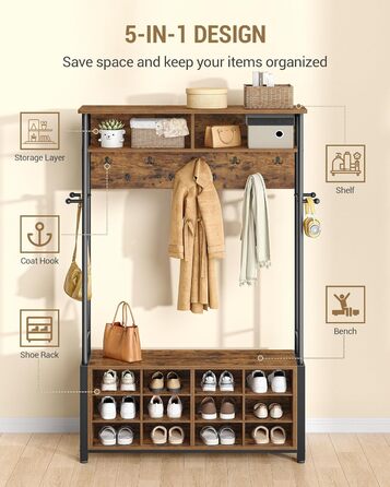 Вішалка для одягу Hzuaneri з лавкою для взуття, шафа з 13 гачками, 14 відкритими відділеннями, регульовані полиці, вішалка для одягу для коридору, вхідної зони, 31 x 108 x 187 см, вінтажний коричнево-чорний HT17901B