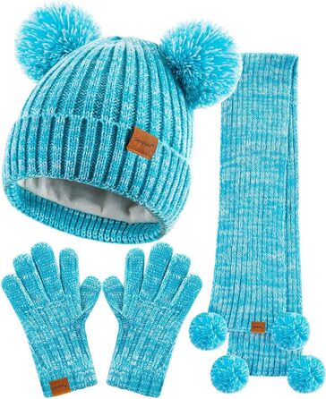 Дитячий набір SENPUKI рукавички, шапка та шарф, зимова шапка-біні для дівчаток, в&39язана шапка-шапка з помпонами, шарф, снуд, рукавички, рукавички на флісовій підкладці, подарунковий набір 2-8 років, м&39ятно-зелений, мікс