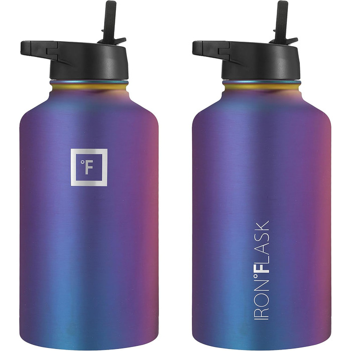 Спортивна пляшка для пиття Iron Flask - 1,8 л, 3 кришки (солом'яна кришка), герметична, з вакуумною ізоляцією з нержавіючої сталі,