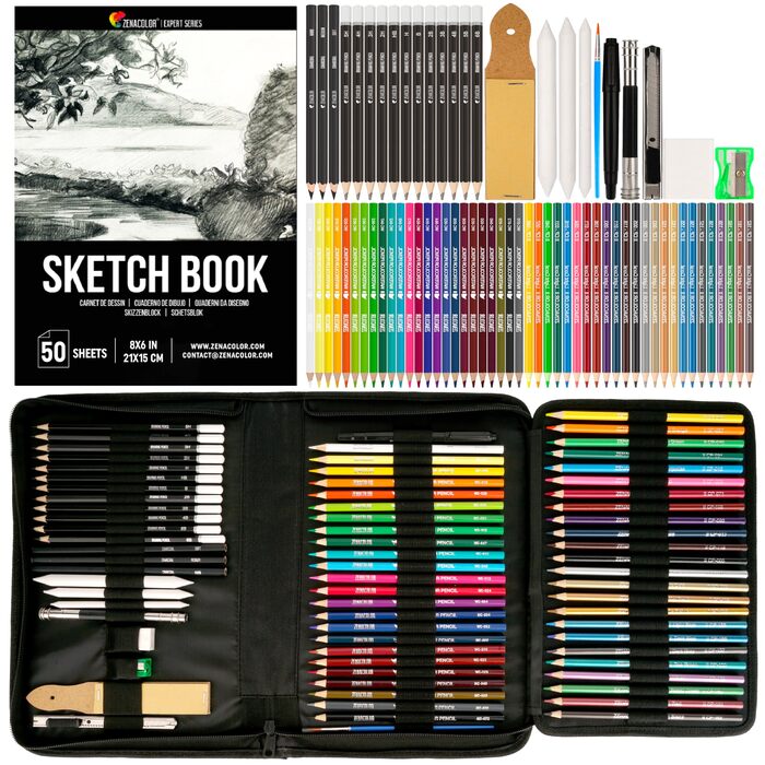 Професійний набір олівців для малювання Zenacolor із 74 предметів, пенал з 24 акварельними олівцями, 12 кольоровими олівцями, 12 металевими олівцями, 12 графітовими олівцями та аксесуарами - 1 альбом для малювання
