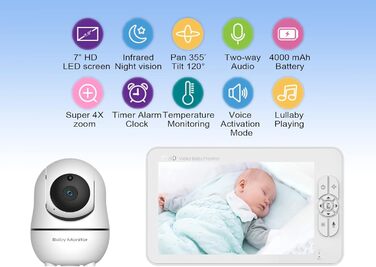 Камера радіоняні Matosio, відеоняня, великий РК-екран 7 дюймів HD, дитяча камера 355 PTZ, нічне бачення, функція VOX, акумулятор 4