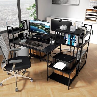 Комп&39ютерний стіл Huracan Desks з полицями, великий стіл з місцем для зберігання, дерев&39яний кутовий комп&39ютерний стіл з кріпленням для монітора, ігровий кутовий комп&39ютерний стіл, стіл для навчання, чорний колір