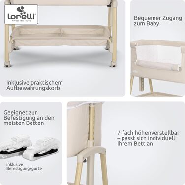 Дитяче ліжечко Lorelli Baby Millie, колиска зі складною бічною панеллю, регульоване по висоті дитяче ліжечко з матрацом, складне приліжкове ліжечко, бежевий колір