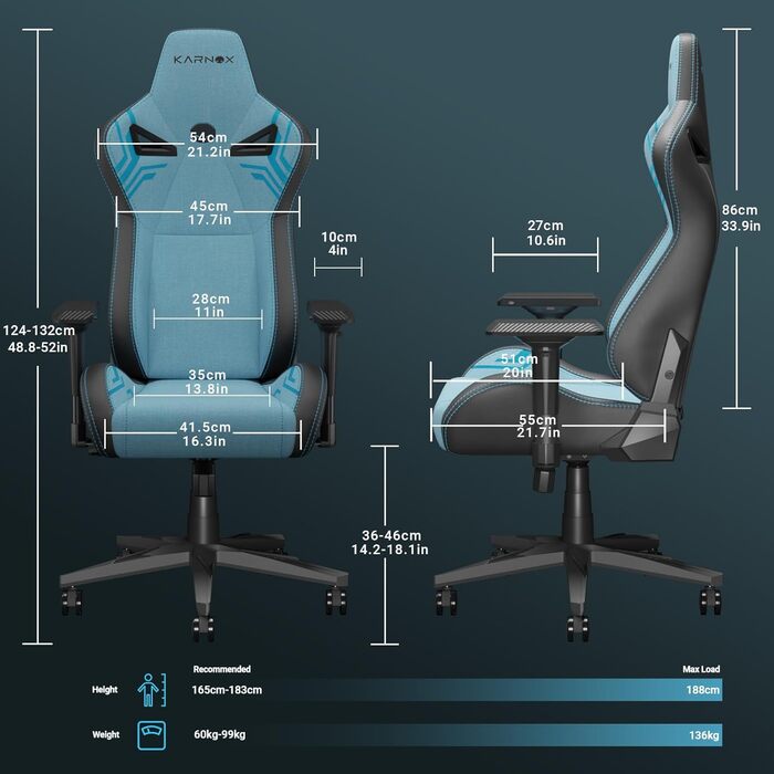 Ігрове крісло KARNOX з тканини, ергономічне гоночне крісло, регульована висота робочого столу з підголівником та поперековою подушкою, кут нахилу 155, регульовані підлокітники 4D, синій