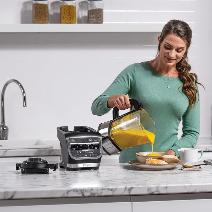 Блендер і супниця Ninja Foodi, 10 програм Auto-iQ, скляний глечик 1,7 л, гарячий і холодний блендер, вбудований нагрівальний елемент, тamp, програма очищення та щітка, 1000 Вт, чорний HB150EU