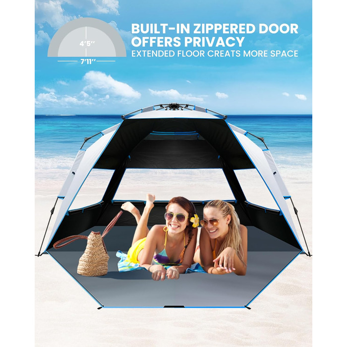 Пляжний намет OutdoorMaster з технологією Dark Shelter, портативний пляжний сонцезахисний тент, тент для 4-6 осіб із захистом від ультрафіолету UPF 50, легко встановлюється, розкладний намет, сімейний розмір, Ocracoke Coast
