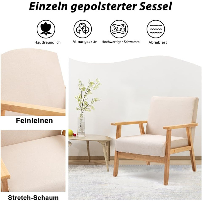 Крісло Mingone, м&39яке коктейльне крісло, скандинавське крісло-гойдалка, сучасний одномісний диван, масив дерева, для вітальні, спальні, бежевий, 64,5x67x73,5 см, бежевий, 1 предмет, комплект