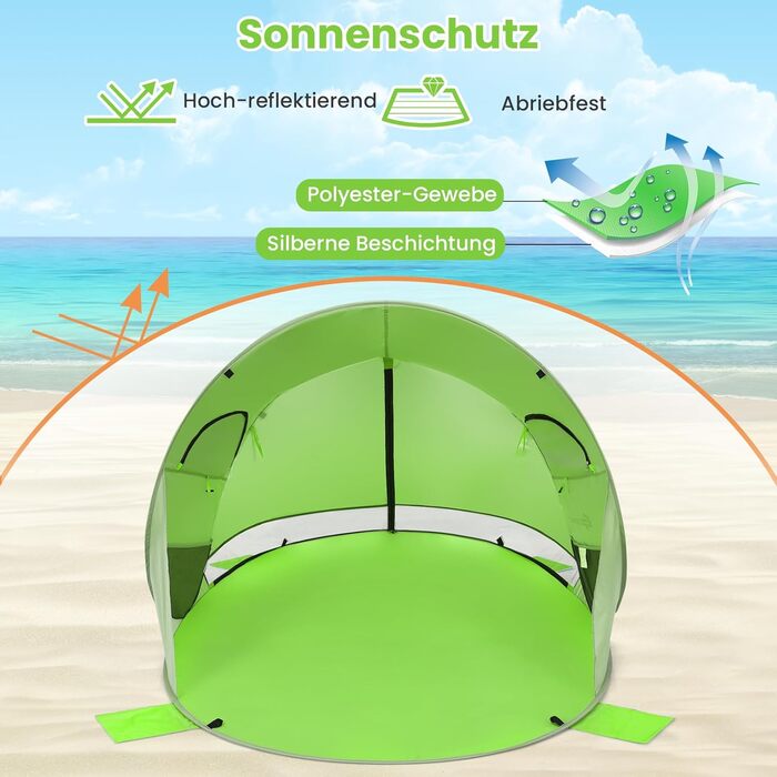Пляжний намет GOPLUS, розкладний пляжний намет для 3-4 осіб, намет, що кидається, з сонцезахисним тентом та вітрозахисним захистом, легкий та портативний з сумкою для перенесення, сонцезахисний намет для сімей, пляжу, кемпінгу, газону, саду (зелений)