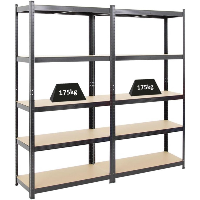 Міцний стелаж Gorilla ВxШxГ 180x90x40 см Вантажопідйомність полиці 175 кг Чорний Стелаж для гаража, стелаж для підвалу, стелаж для майстерні, стелаж для зберігання, стелаж без ригелів, 2 шт. ВxШxГ 180x90x40 см, чорний, 2 шт.