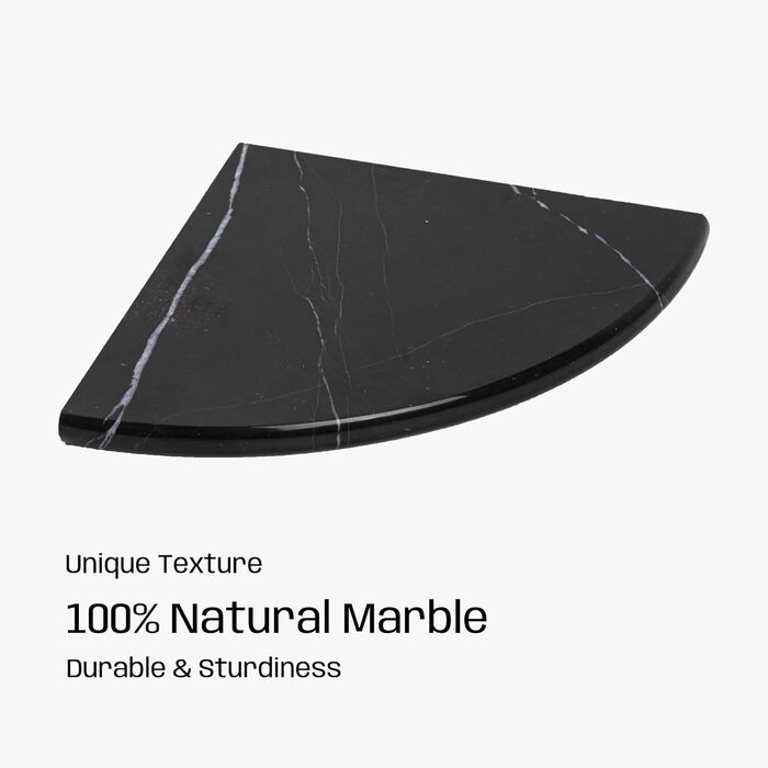 Кутова полиця Adolif Nero Marquina з чорного мармуру, чверть кругла, 100 натуральний мармур, полірований, 22,9 x 22,9 x 1,9 см, кутова полиця Nero Marquina з чорного мармуру для душової кабіни, декор, 1 лист 9'x9'x3/4 Чорний