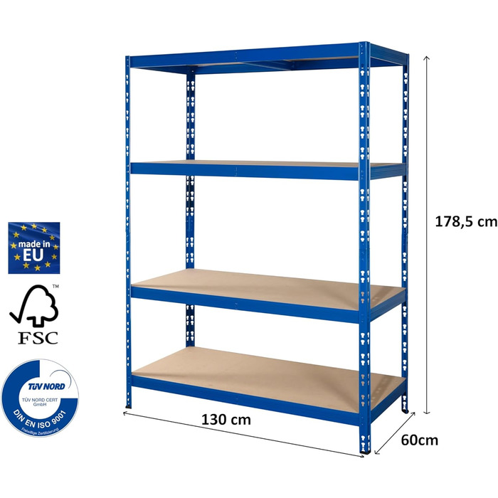 Міцний стелаж Rom 178,5 x 130 x 60 см Синє порошкове покриття 4 полиці, кожна з максимальним навантаженням 250 кг Полиця для зберігання, металева полиця, полиця для підвалу (130 x 178,5 x 60 см)