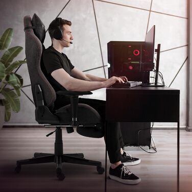 Ігрове крісло ML-Design, сіро-червоне, тканинне, ергономічне офісне крісло, регульоване поворотне крісло, гоночне ігрове крісло з підлокітниками, підголівником, поперековою подушкою, підставкою для ніг, робоче крісло, спортивне сидіння, крісло керівника