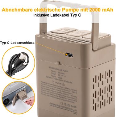 Надувний матрац KMZ SUV із вбудованим електричним насосом - потовщений та флокований матрац для подорожей та кемпінгу - вантажопідйомність 300 кг - сірий