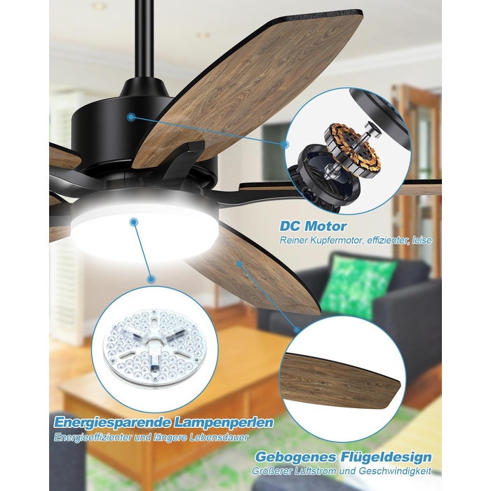 Стельовий вентилятор Airwit 106 см з підсвічуванням Двосторонні лопаті, Тихий стельовий вентилятор з підсвічуванням і пультом дист