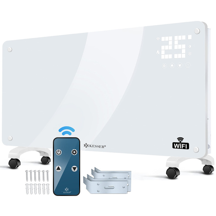 Скляний конвекторний обігрівач KESSER, електричний радіатор із застосунком, функцією Wi-Fi та пультом дистанційного керування Окремостоячий або настінний Сенсорний екран РК-дисплей Таймер 2500 Вт Білий
