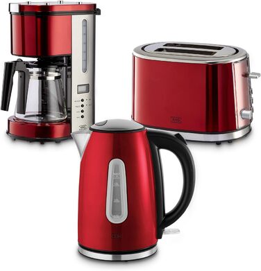 Набір для сніданку KHG Чайник, тостер і кавоварка червоного кольору, нержавіюча сталь металева хромована, ємність 1,7 л, 2 скибочки тостів і 12 чашок кави, світлові індикатори, індикатори рівня води, постійний комплект фільтрів з тостером і кавоваркою