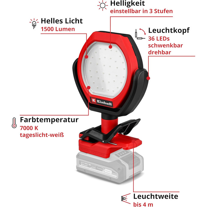 Акумуляторний вуличний ліхтар Einhell GC-OL 18/1500 Li-Solo Power X-Change (18 В, 1500 лм, 7000 К, дальність променя 4 м, поворотна та обертова головка світильника, 3 рівні яскравості, без батареї)