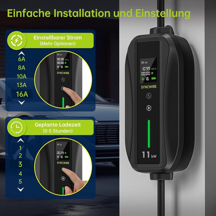 Зарядний пристрій для електромобілів SYNCWIRE 11кВт тип 2-5,5м 3-фазний 6-16А з регульованою потужністю зарядки зарядний кабель дл