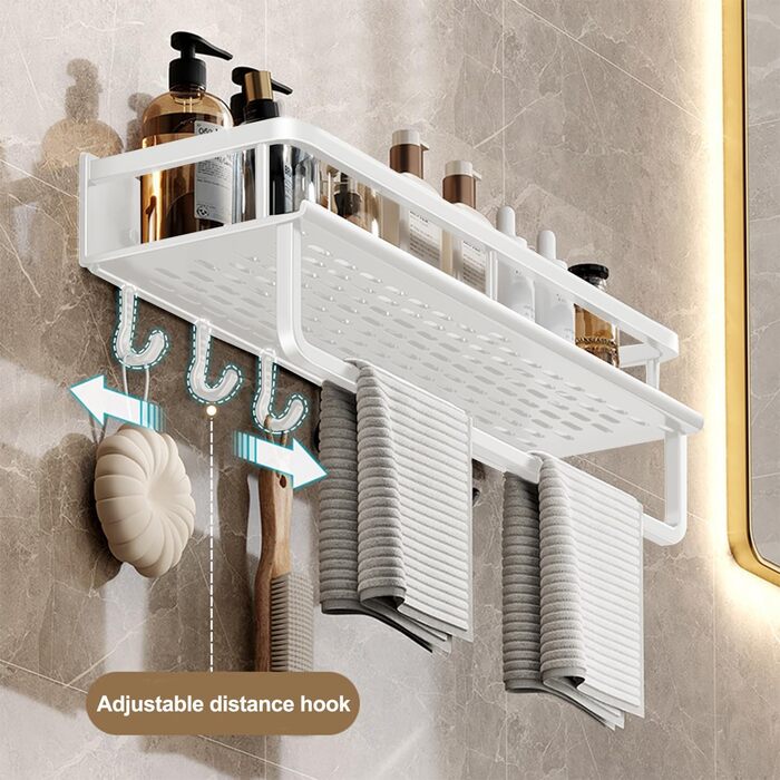 Полиця для душу Devesanter, 2 шт., 40 см, без свердління, для ванної кімнати, з тримачем для рушників та 4 гачками для спальні, вітальні, кухні та ванної кімнати (біла) 40 см