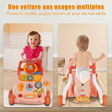 Дитячі ходунки, дитячі ходунки з музичним плеєром, амортизуючими колесами, подарунок для дітей від 6 місяців (36 x 34 x 42 см, рожеві) Рожеві 36x34x42 см