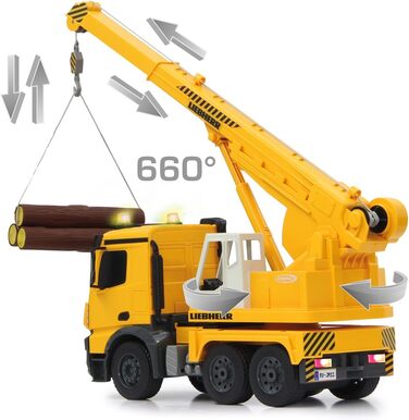 Потужний кран Mercedes Liebherr 120 2,4G - Висувний стріловий кран, поворот на 660, підйом/опускання тросу, жовті світлодіодні сигнальні вогні, реалістичні звуки, повнопривідний, 405034 -