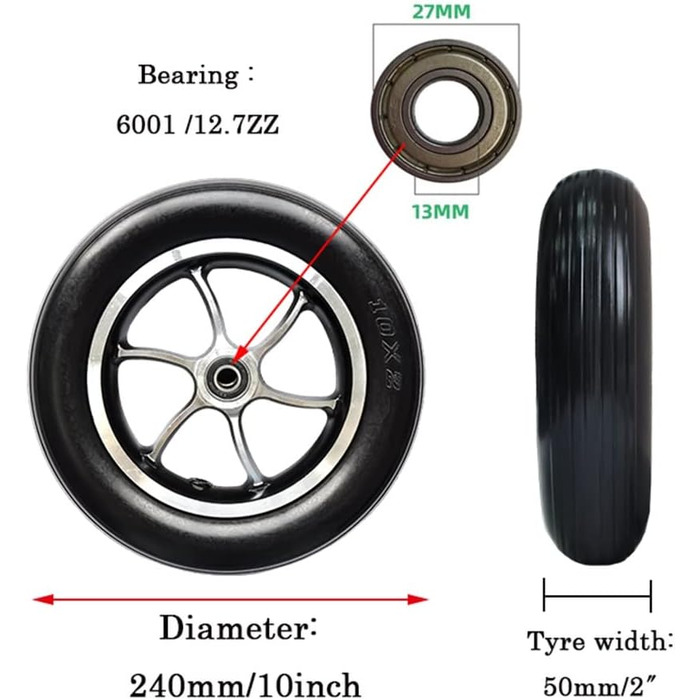 Переднє колесо інвалідного візка, 10-дюймові електричні аксесуари для інвалідних візків, запасне колесо, нековзке гумове суцільне колесо/чорне/10 дюймів