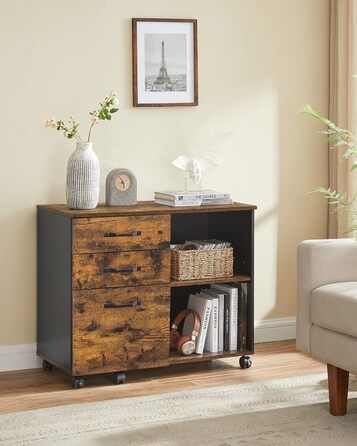 Мобільна картотечна шафа VASAGLE з 3 шухлядами та коліщатками, відкриті відділення, для документів формату DIN A4 та Letter, підставка для принтера, промисловий дизайн, вінтажний коричнево-чорний OFC041B01 Вінтажний коричневий чорний