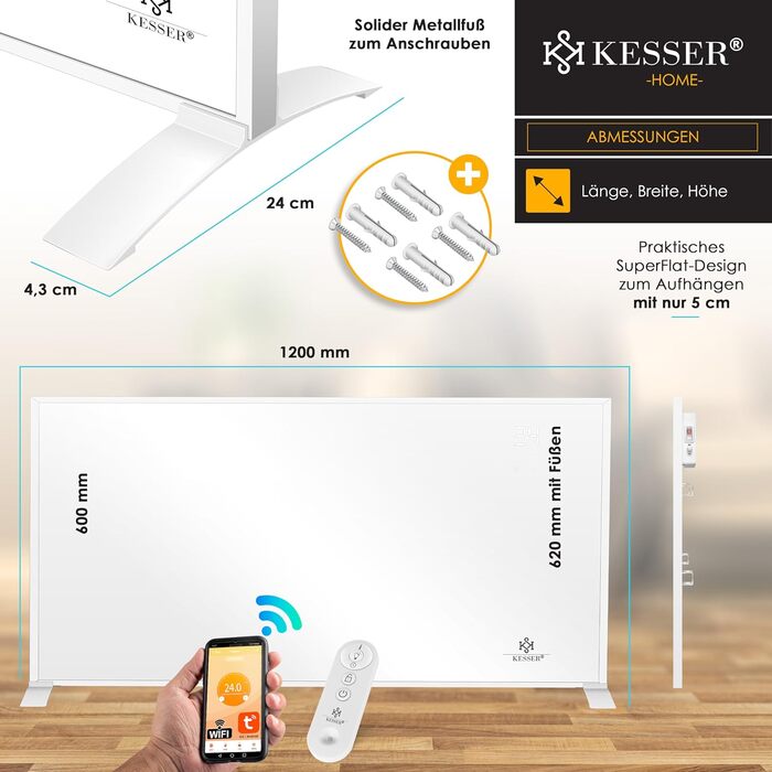 Інфрачервоний обігрівач KESSER, енергозберігаючий інфрачервоний окремостоячий та настінний електричний обігрівач, 700 Вт з пультом дистанційного керування, термостатом та керуванням за допомогою застосунку, електрична нагрівальна панель, конвекторний обіг