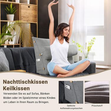 Подушка для читання GOZYLA клиноподібна 60x50x20 см трикутна бавовняна регульована подушка для шиї, поперекової опори, спинки, для домашнього офісу, ліжка, дивана, стіни, кемпера, фургона, любителів читання, сірого кольору 60x50x20 см