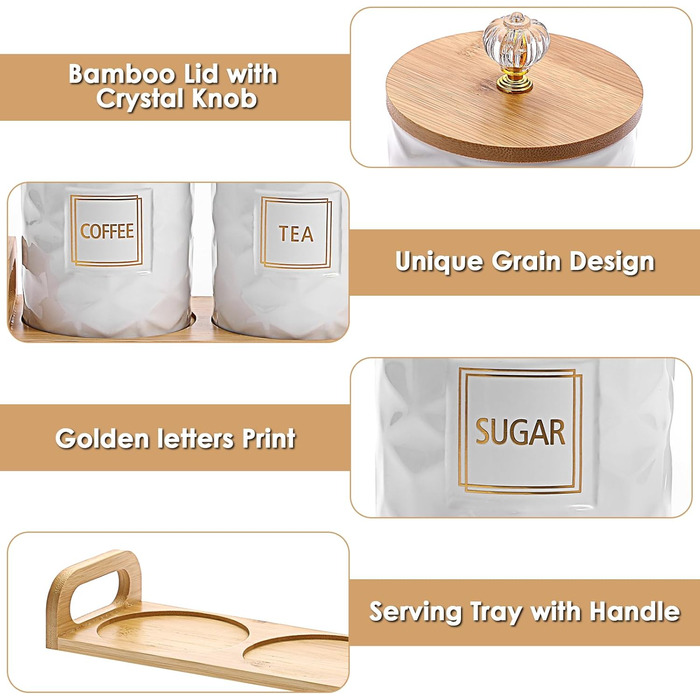 Набір керамічних контейнерів для зберігання, біла керамічна банка з бамбуковою кришкою та підносом, герметичні контейнери для зберігання продуктів на кухонній стільниці, 3 контейнери для цукру, кави, чаю, місткістю 1 літр кожен