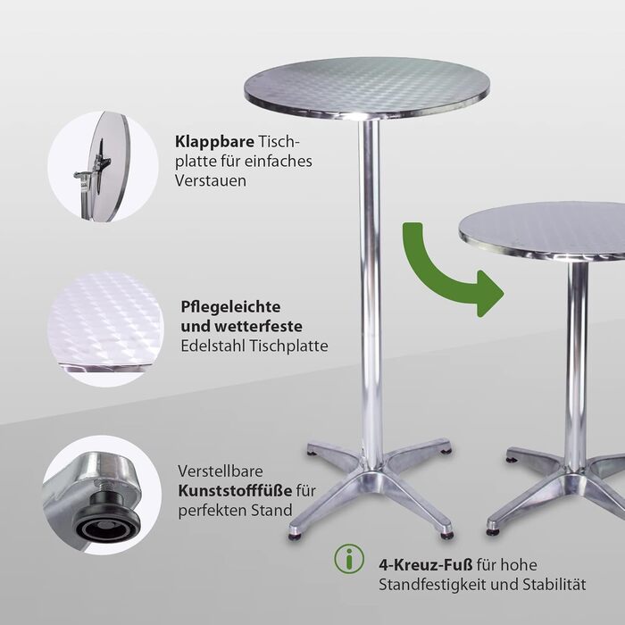 Складаний стоячий стіл 2-в-1, бістро-стіл, стіл для вечірки, регульована висота 70 см / 115 см, алюміній, круглий Ø 60 см, вуличний барний стіл, пивний стіл, садова вечірка