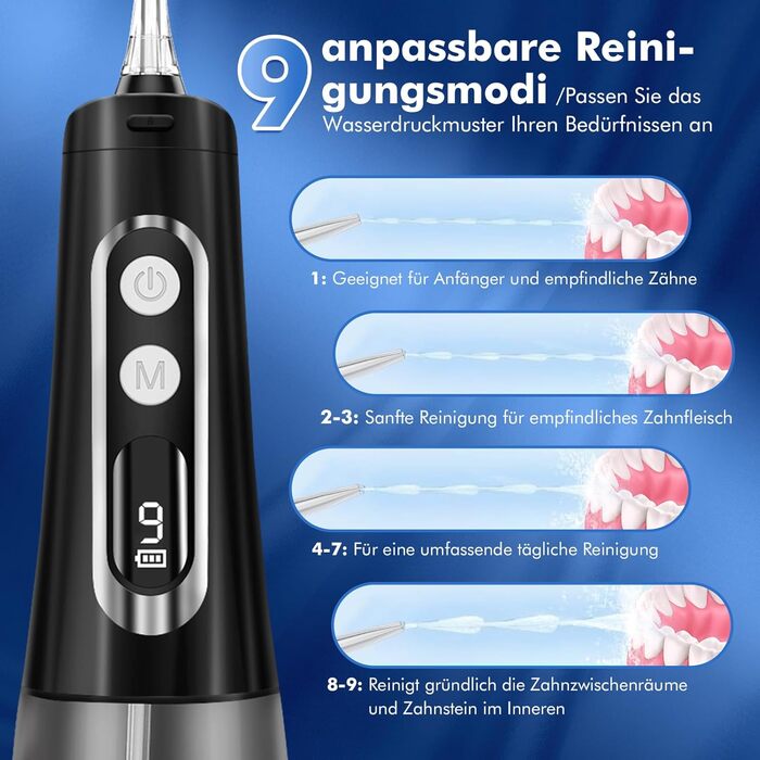 Бездротовий електричний очищувач зубів Oral Irrigator - DIHOOM 300ML Water Flosser 9 Mod & 4 насадки, зарядний пристрій USB водонепроникний IPX7, Стоматологічний іригатор Переможець тесту іригатора для дому та подорожей (чорний)