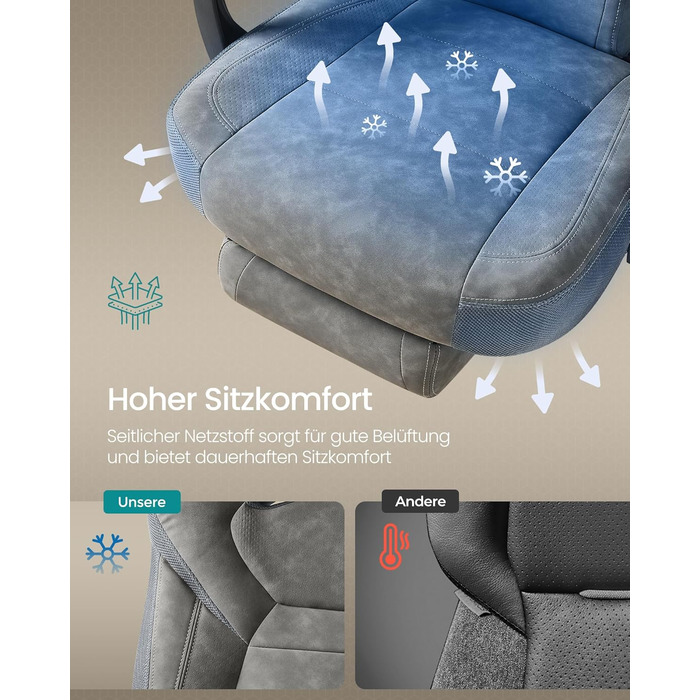 Ігрове крісло SONGMICS, офісне крісло, комп&39ютерне крісло, ергономічний дизайн, з підставкою для ніг, регульований підголівник, поперекова підтримка, вантажопідйомність 150 кг, сірий сланцевий колір OBG077G01, штучна замша сланцево-сірого кольору